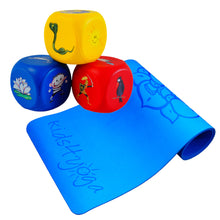 Lade das Bild in den Galerie-Viewer, Hochwertige kids4yoga eco-friendly Komfort Yogamatte & 3er-Set Asana Würfel als Yoga- und Bewegungsspiel für Kinder